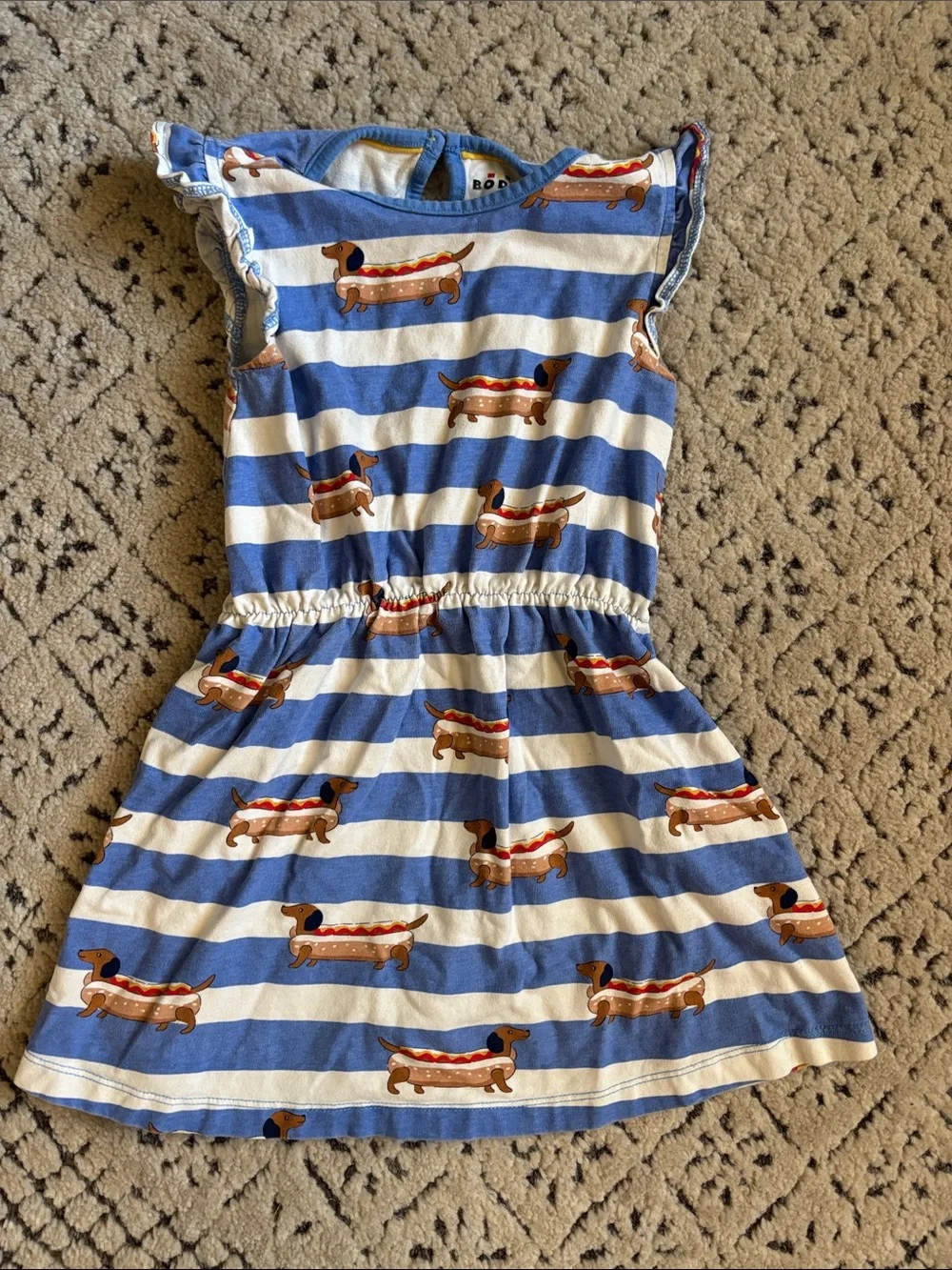 Mini Boden Girls Blue & White Striped Dress with Hot Dog Dachshund Print sz 4-5T